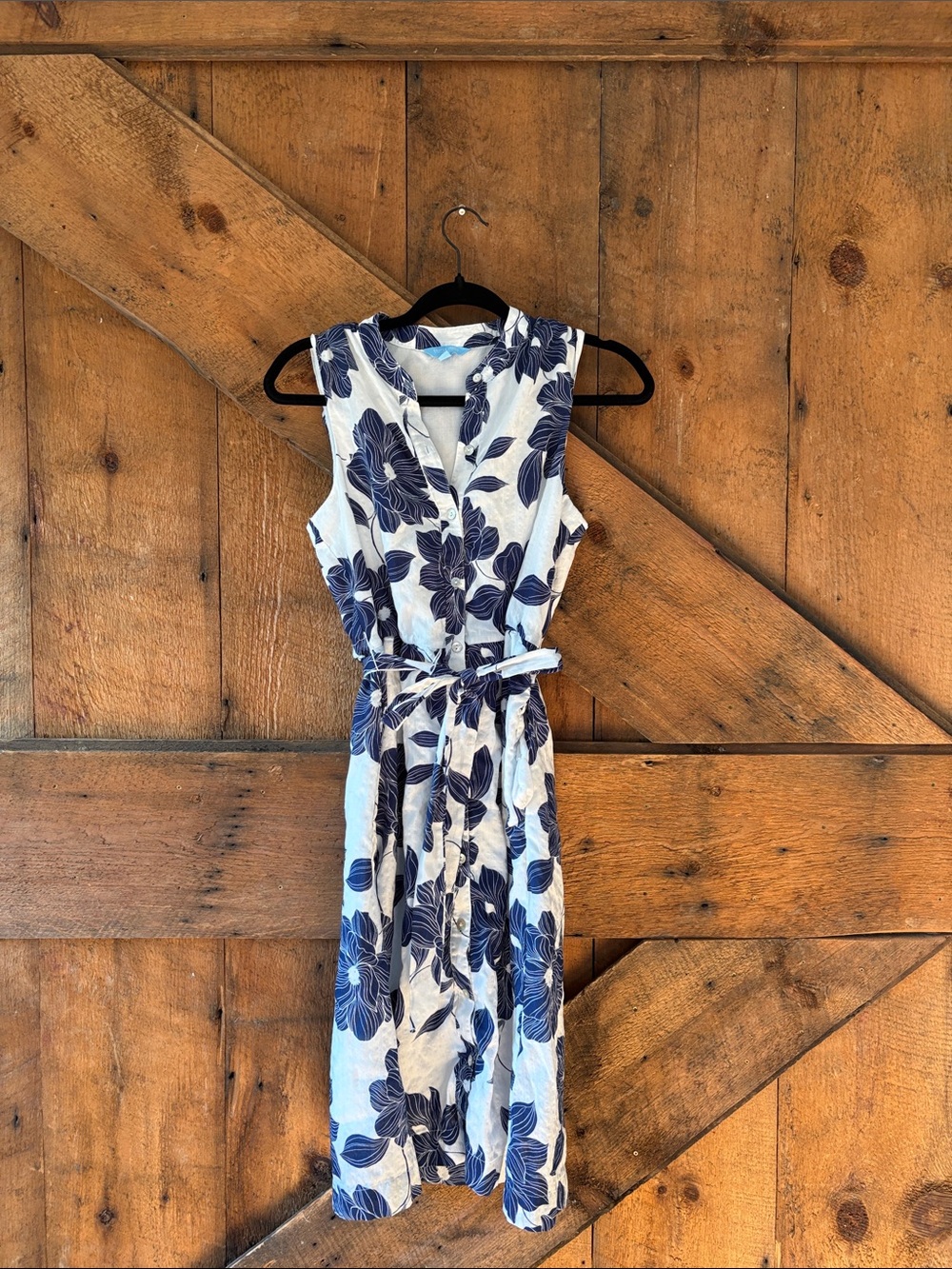 Draper James White Midi Dress with Navy Floral Print and Self-Tie Waist